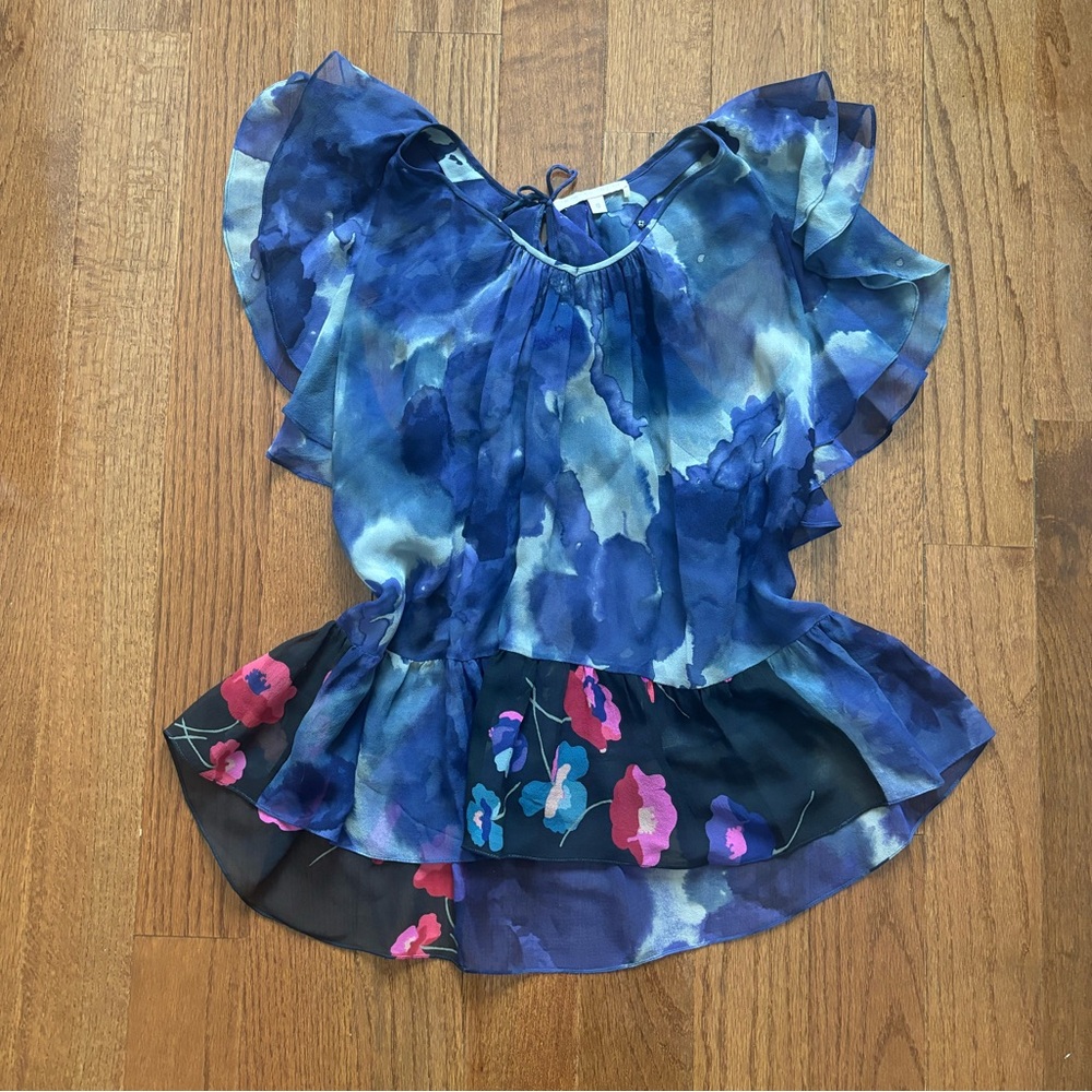 Rebecca Taylor 100% Silk Watercolor Floral Flutter Sleeve Blouse, Size 8